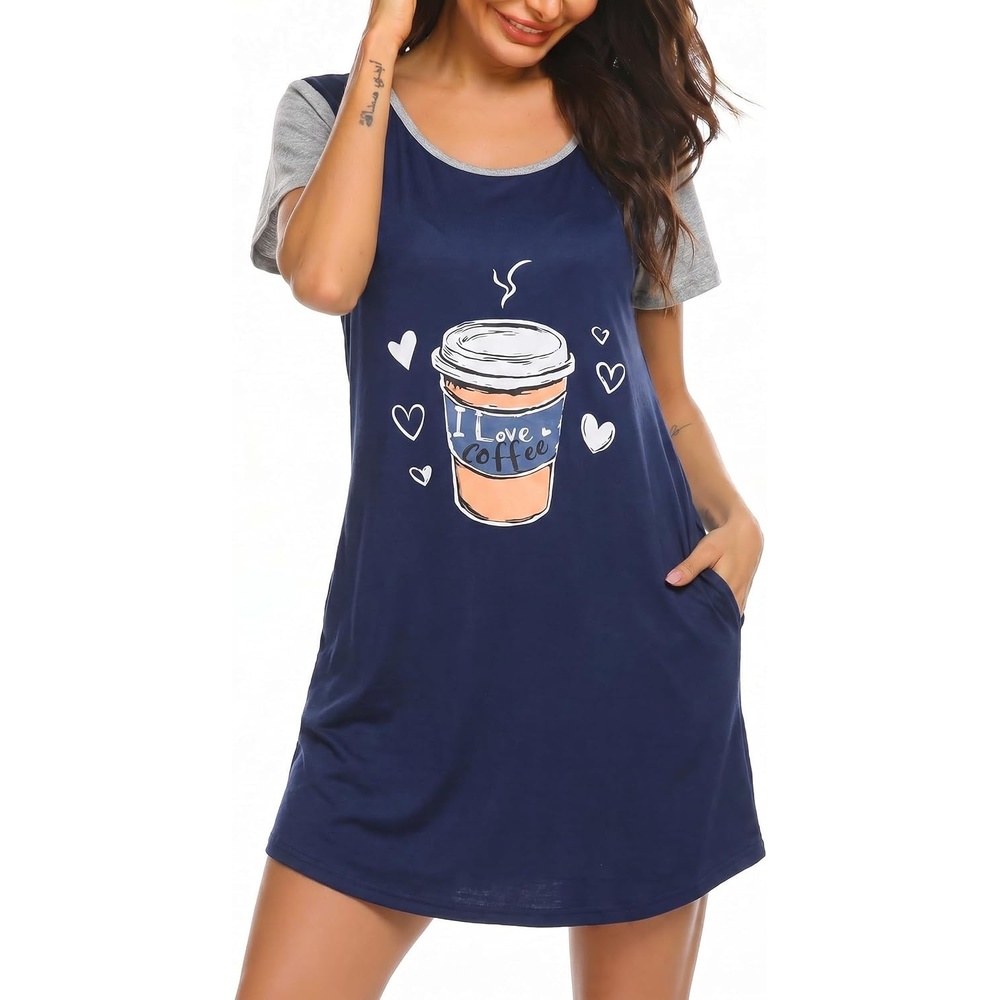 image:imageEkouaer Nightgowns for Women Soft Sleep Shirts with Pockets Short Sleeves Printed Crewneck Nightshirt Crew neck above the Knee lightweight amp breathable contrasting sleeves night dress for homego outsleep S3XLNavy Blue Coffee