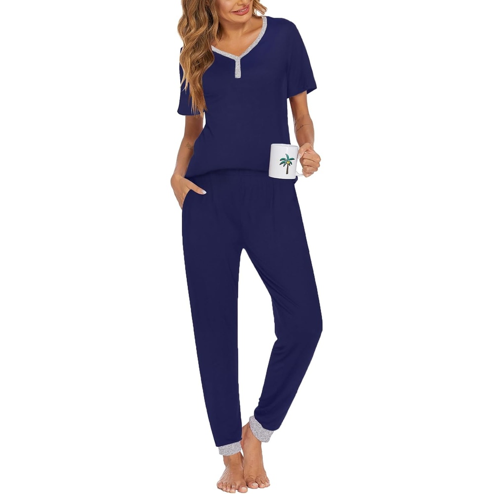 image:imageEkouaer Pajamas for Women Set 2 Piece Fall Sleepwear with Pockets  Soft Ladies Pajama Sets Matching Pjs Short Sleeve Lounge Sets Joggers Long Pants Casual LoungewearNavy Blue