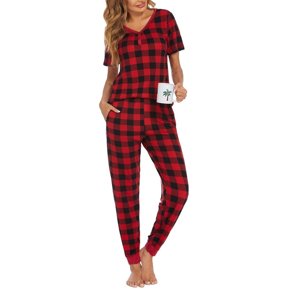 image:imageEkouaer Pajamas for Women Set 2 Piece Fall Sleepwear with Pockets  Soft Ladies Pajama Sets Matching Pjs Short Sleeve Lounge Sets Joggers Long Pants Casual LoungewearRed Plaid