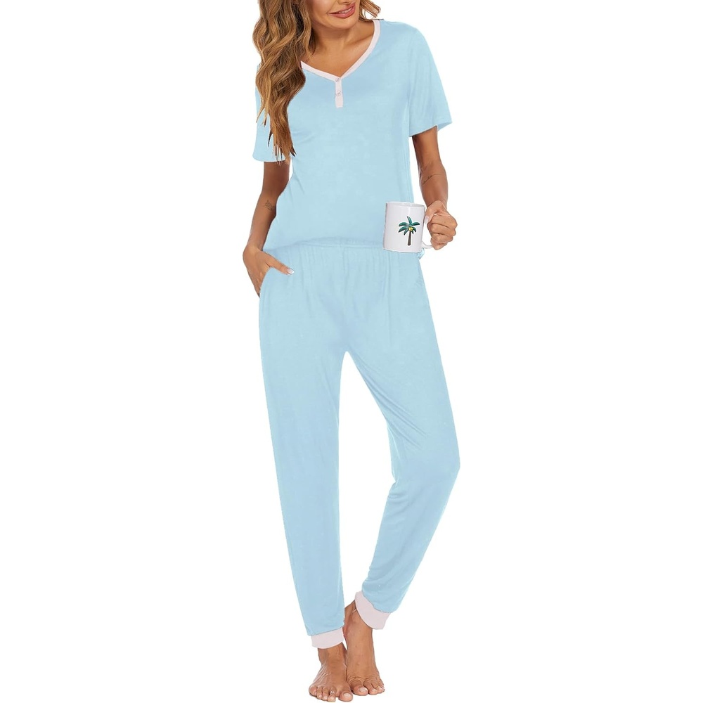 image:imageEkouaer Pajamas for Women Set 2 Piece Fall Sleepwear with Pockets  Soft Ladies Pajama Sets Matching Pjs Short Sleeve Lounge Sets Joggers Long Pants Casual LoungewearLight Blue