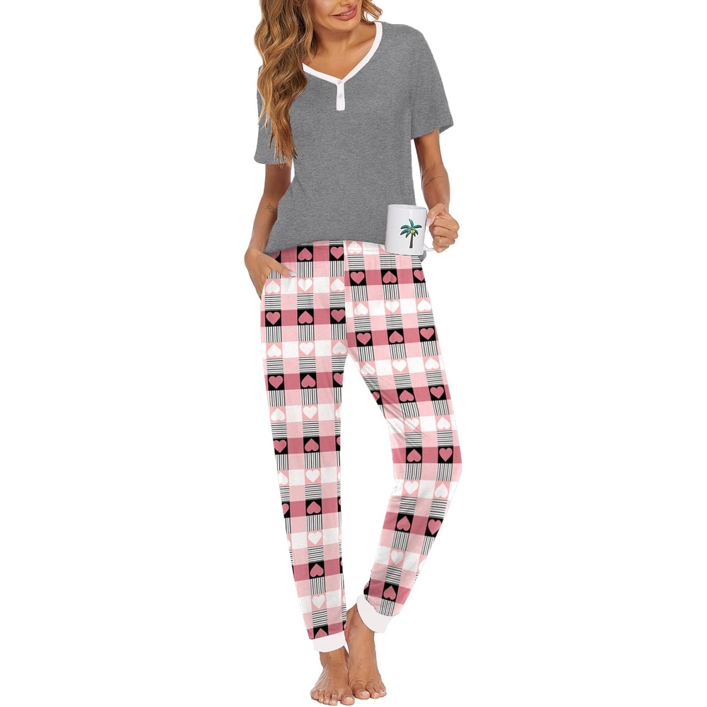 image:imageEkouaer Pajamas for Women Set 2 Piece Fall Sleepwear with Pockets Soft Ladies Pajama Sets Matching Pjs Short Sleeve Lounge Sets Joggers Long Pants Casual LoungewearGeryheart Plaid
