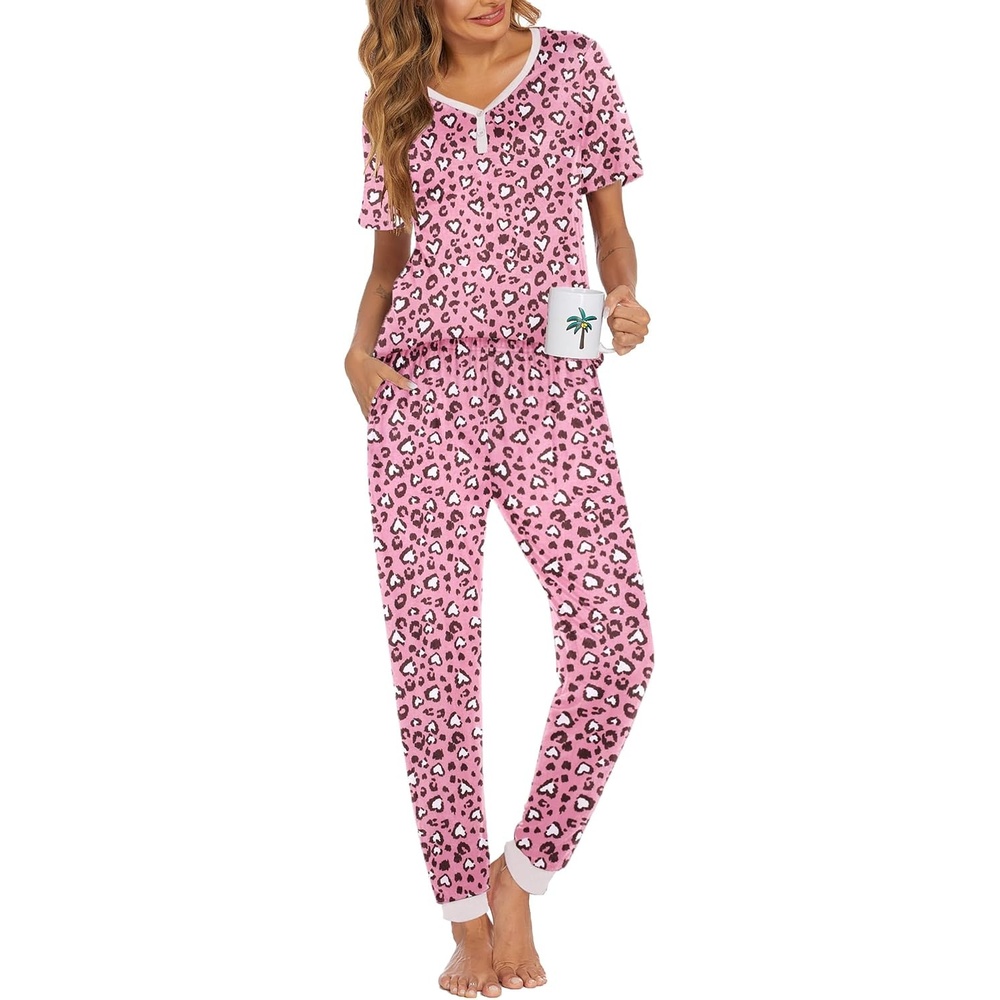 image:imageEkouaer Pajamas for Women Set 2 Piece Fall Sleepwear with Pockets  Soft Ladies Pajama Sets Matching Pjs Short Sleeve Lounge Sets Joggers Long Pants Casual LoungewearPink Love Leopard