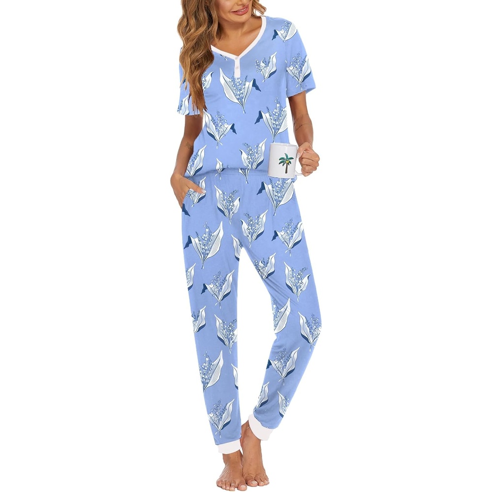 image:imageEkouaer Pajamas for Women Set 2 Piece Fall Sleepwear with Pockets Soft Ladies Pajama Sets Matching Pjs Short Sleeve Lounge Sets Joggers Long Pants Casual LoungewearBlue Flowers