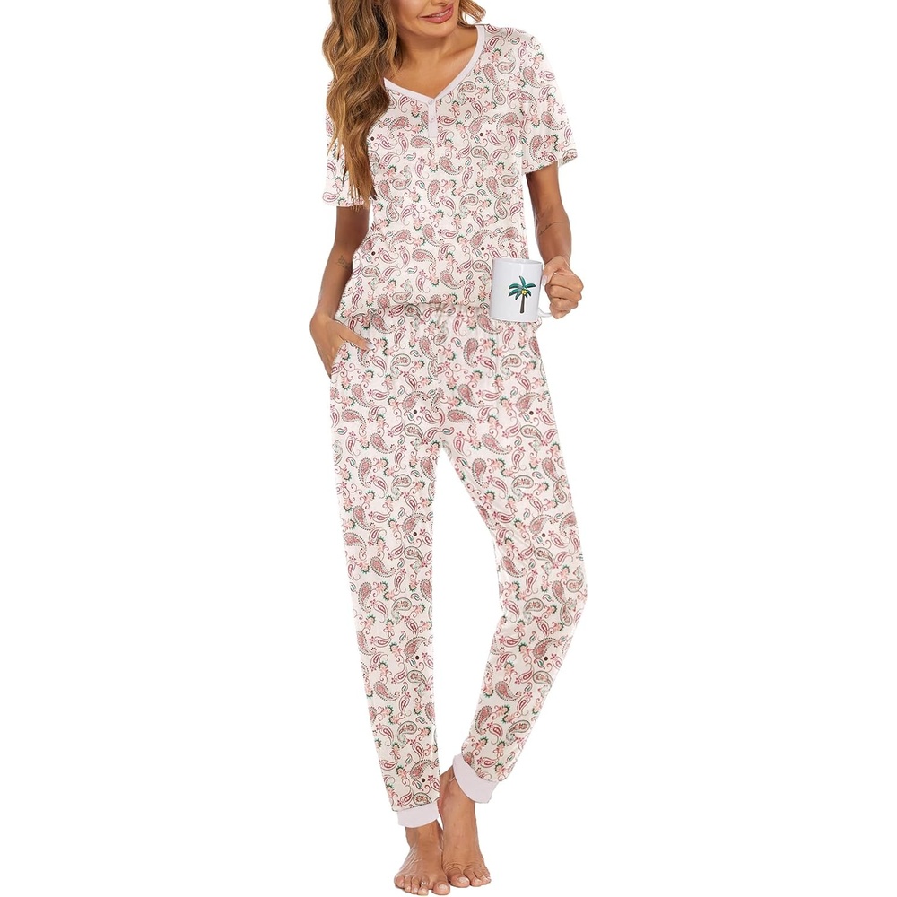 image:imageEkouaer Pajamas for Women Set 2 Piece Fall Sleepwear with Pockets Soft Ladies Pajama Sets Matching Pjs Short Sleeve Lounge Sets Joggers Long Pants Casual LoungewearWhite Apricot Cashew