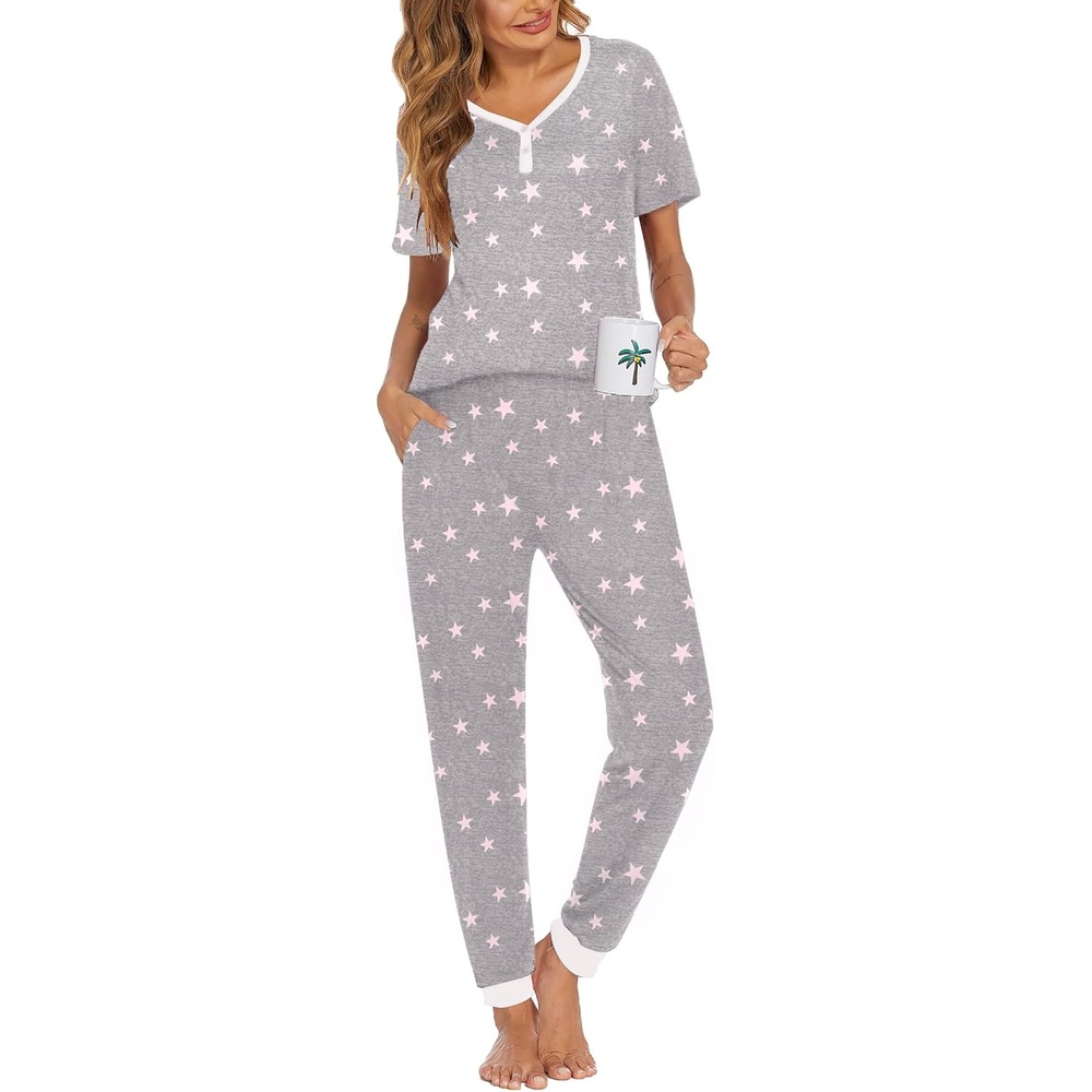 image:imageEkouaer Pajamas for Women Set 2 Piece Fall Sleepwear with Pockets  Soft Ladies Pajama Sets Matching Pjs Short Sleeve Lounge Sets Joggers Long Pants Casual LoungewearPink Star