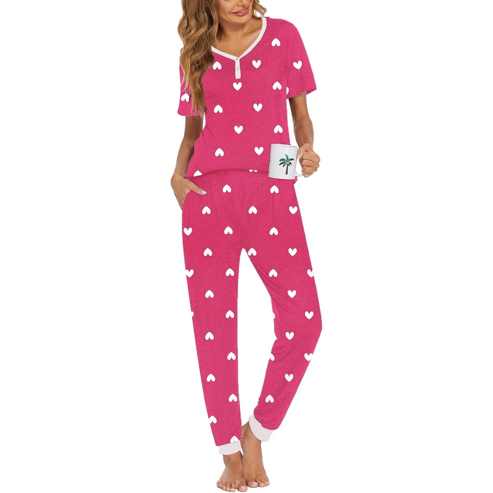 image:imageEkouaer Pajamas for Women Set 2 Piece Fall Sleepwear with Pockets  Soft Ladies Pajama Sets Matching Pjs Short Sleeve Lounge Sets Joggers Long Pants Casual LoungewearPink Heart