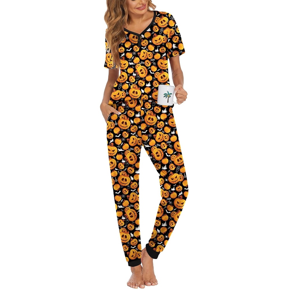 image:imageEkouaer Pajamas for Women Set 2 Piece Fall Sleepwear with Pockets  Soft Ladies Pajama Sets Matching Pjs Short Sleeve Lounge Sets Joggers Long Pants Casual LoungewearBlack Halloween