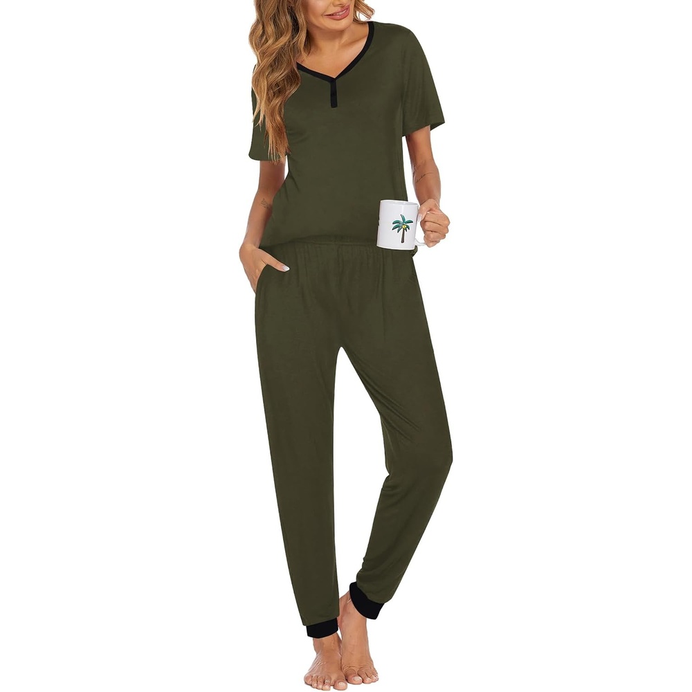 image:imageEkouaer Pajamas for Women Set 2 Piece Fall Sleepwear with Pockets  Soft Ladies Pajama Sets Matching Pjs Short Sleeve Lounge Sets Joggers Long Pants Casual LoungewearDeep Army Green