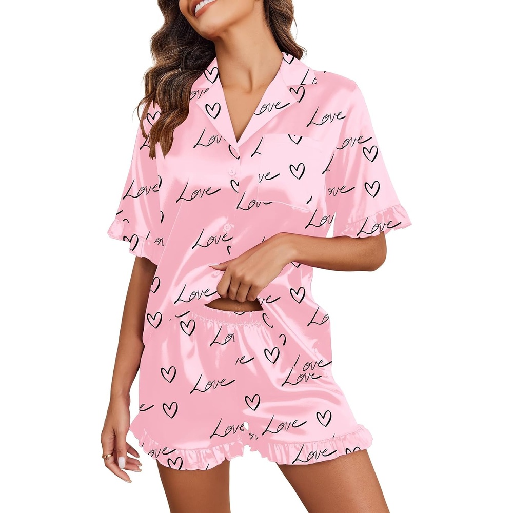 image:imageEkouaer Satin Pajama Set for Women 2 Piece Pj Sets Short Sleeve Sleepwear Super Soft Silky Summer Loungewear Set with Ruffle Short Sleeve Top and Pocket Shorts Casual Travel Daily GiftPink Love
