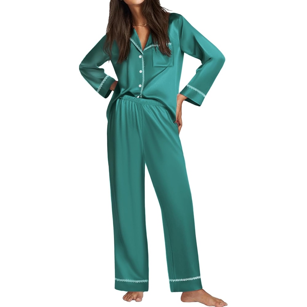 image:imageEkouaer Satin Pajama Set for Women Silk Sleepwear Long Sleeve Top and Pants Button Down Pjs Lounge SetBlue Green