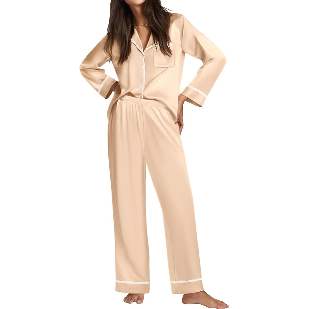 image:imageEkouaer Satin Pajama Set for Women Silk Sleepwear Long Sleeve Top and Pants Button Down Pjs Lounge SetKhaki