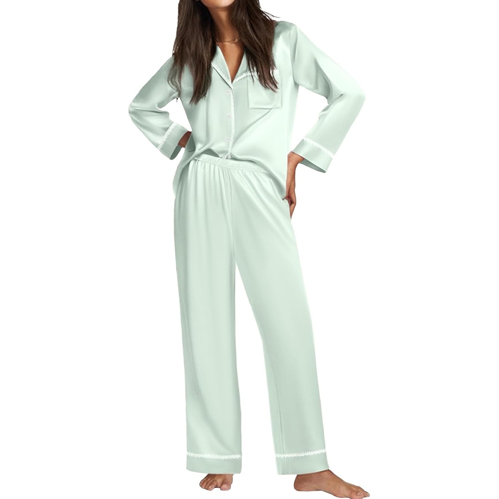 image:imageEkouaer Satin Pajama Set for Women Silk Sleepwear Long Sleeve Top and Pants Button Down Pjs Lounge SetLight Green