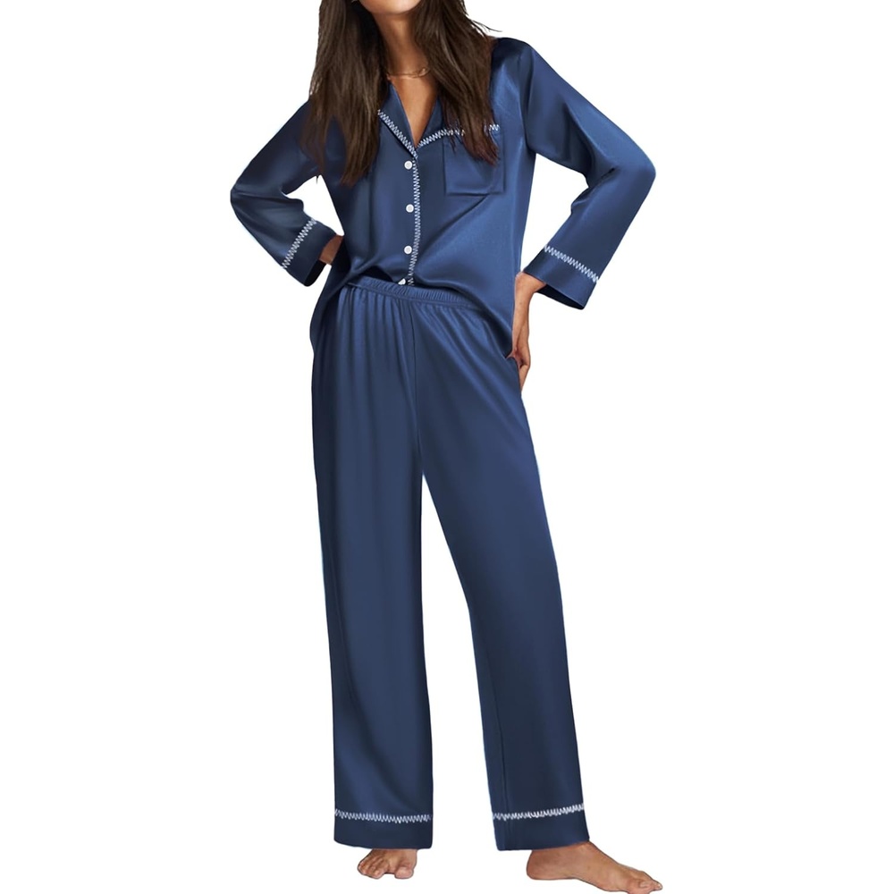 image:imageEkouaer Satin Pajama Set for Women Silk Sleepwear Long Sleeve Top and Pants Button Down Pjs Lounge SetNavy Blue