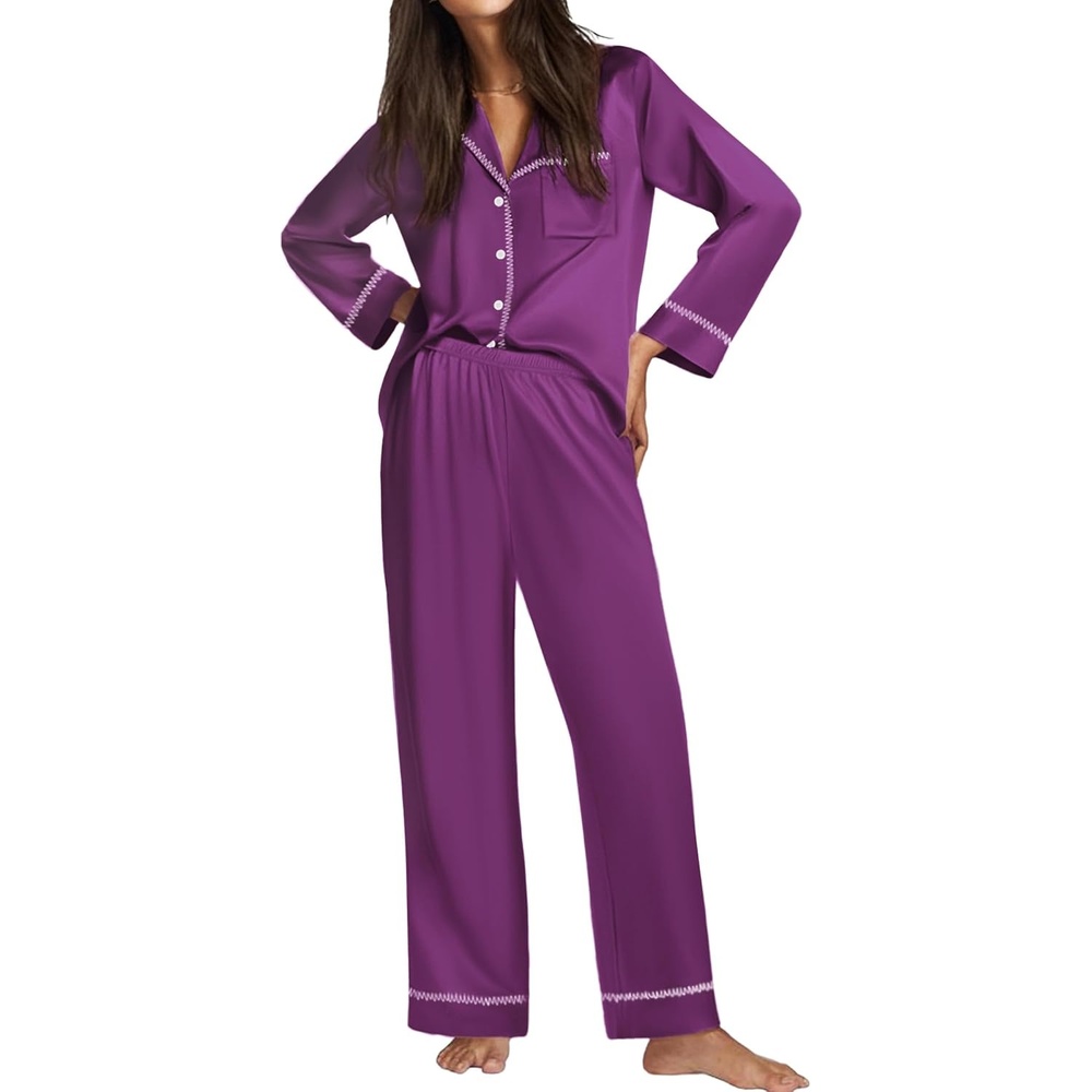image:imageEkouaer Satin Pajama Set for Women Silk Sleepwear Long Sleeve Top and Pants Button Down Pjs Lounge SetPurple