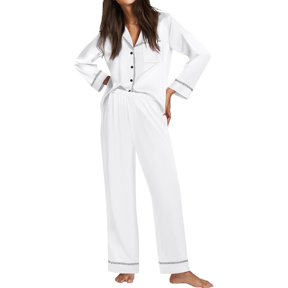 image:imageEkouaer Satin Pajama Set for Women Silk Sleepwear Long Sleeve Top and Pants Button Down Pjs Lounge SetWhite