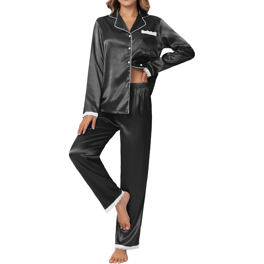 image:imageEkouaer Satin Pajamas for Women Silk Long Sleeve Sleepwear Button Down Loungewear 2 Pieces Lace Soft Pjs SetBlack