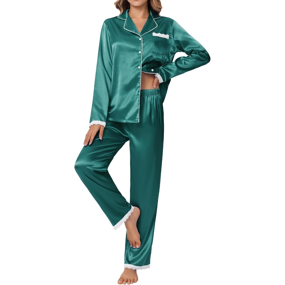 image:imageEkouaer Satin Pajamas for Women Silk Long Sleeve Sleepwear Button Down Loungewear 2 Pieces Lace Soft Pjs SetBlue Green