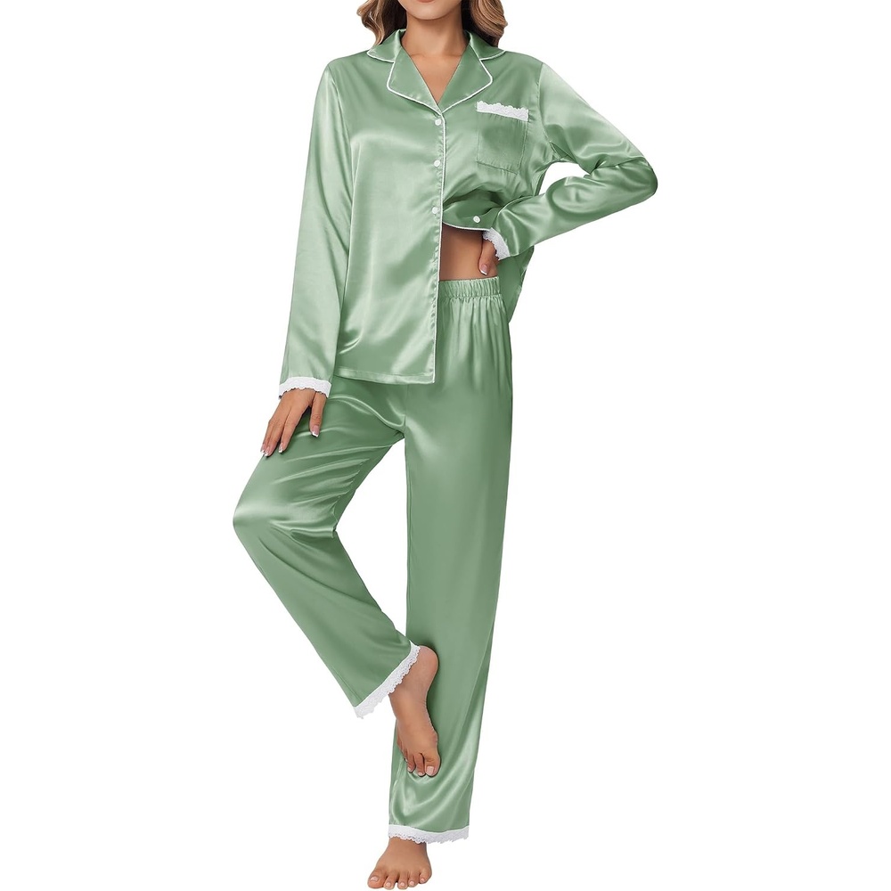 image:imageEkouaer Satin Pajamas for Women Silk Long Sleeve Sleepwear Button Down Loungewear 2 Pieces Lace Soft Pjs SetIce Green