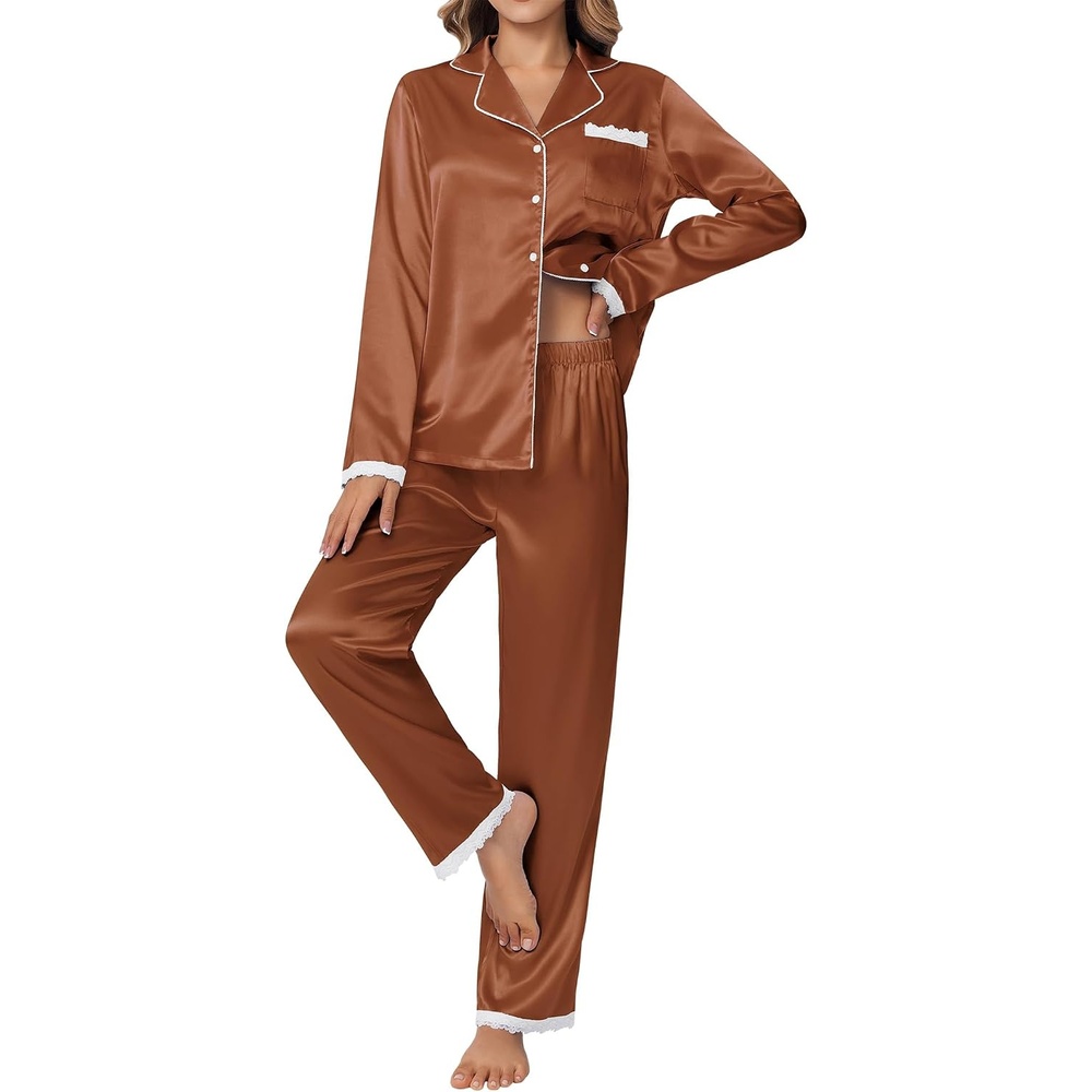 image:imageEkouaer Satin Pajamas for Women Silk Long Sleeve Sleepwear Button Down Loungewear 2 Pieces Lace Soft Pjs SetLight Brown