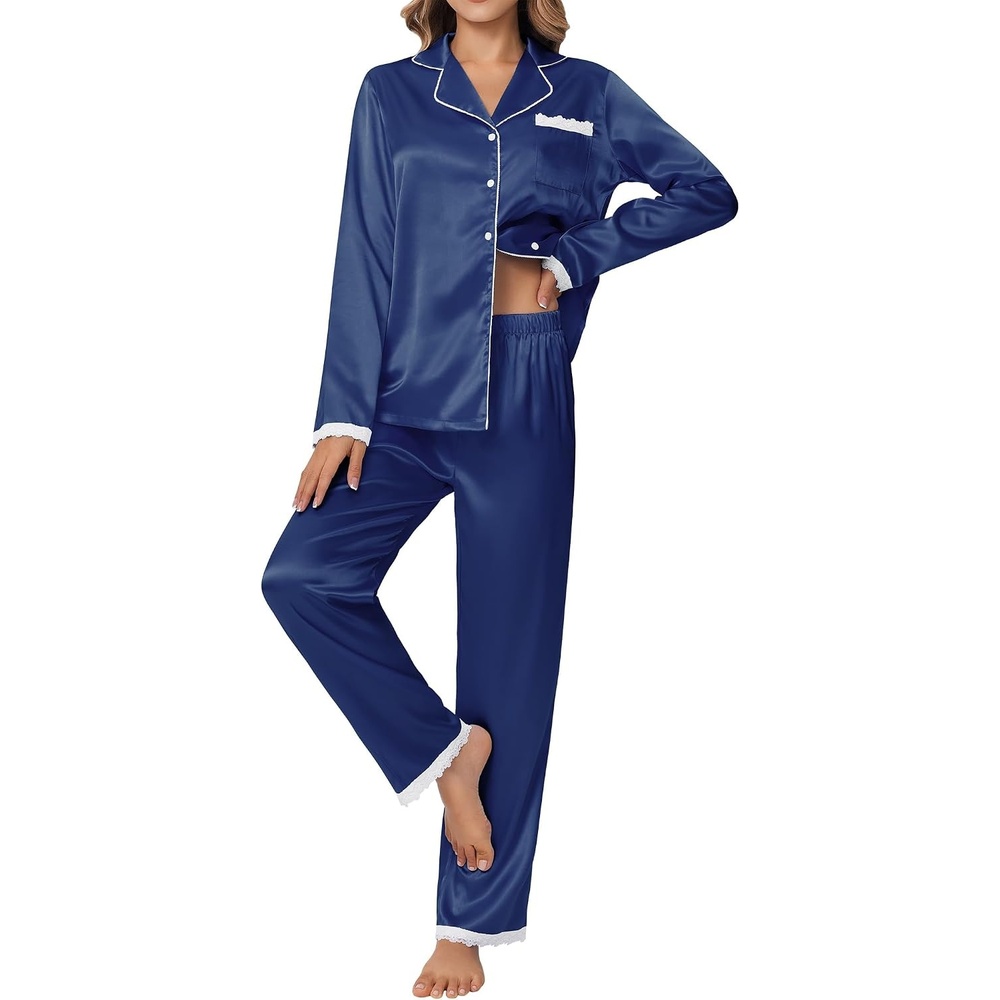 image:imageEkouaer Satin Pajamas for Women Silk Long Sleeve Sleepwear Button Down Loungewear 2 Pieces Lace Soft Pjs SetNavy Blue