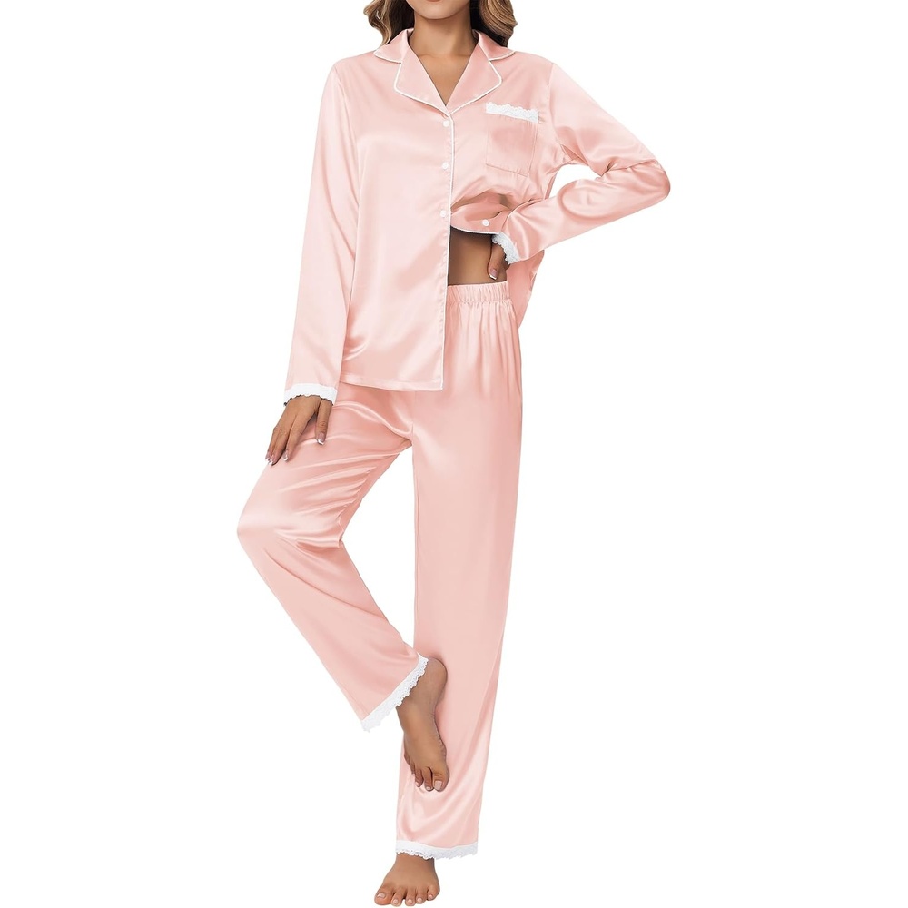 image:imageEkouaer Satin Pajamas for Women Silk Long Sleeve Sleepwear Button Down Loungewear 2 Pieces Lace Soft Pjs SetPink