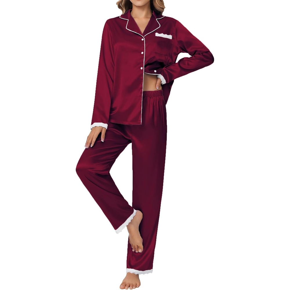 image:imageEkouaer Satin Pajamas for Women Silk Long Sleeve Sleepwear Button Down Loungewear 2 Pieces Lace Soft Pjs SetWine Red