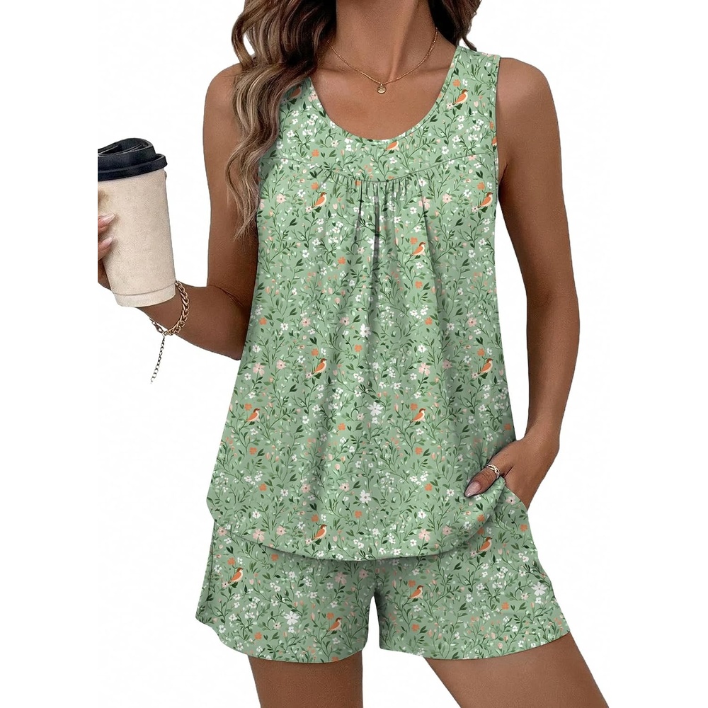 image:imageEkouaer Women Sleeveless Pajama Set Summer Tank Top Pjs 2 Piece Lounge Set  Side Pockets Cami Tank Daily Loungewear Floral Print Travel Sleepwear Ideal for Birthday GiftSmall Floral PrintGreen