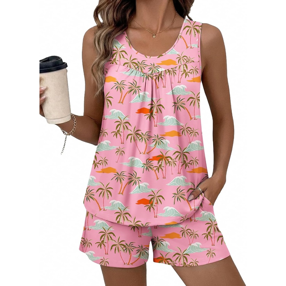 image:imageEkouaer Women Sleeveless Pajama Set Summer Tank Top Pjs 2 Piece Lounge Set  Side Pockets Cami Tank Daily Loungewear Floral Print Travel Sleepwear Ideal for Birthday GiftCoconut WavesPink