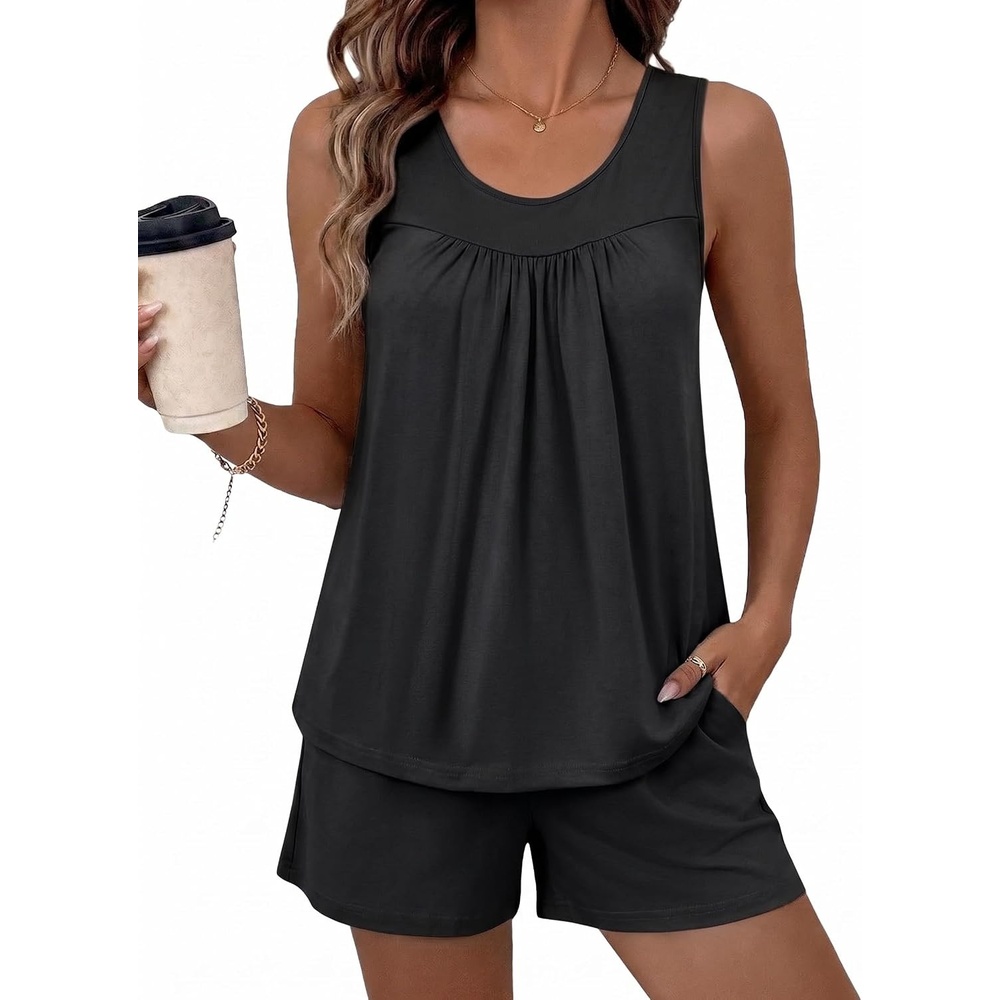 image:imageEkouaer Women Sleeveless Pajama Set Summer Tank Top Pjs 2 Piece Lounge Set  Side Pockets Cami Tank Daily Loungewear Floral Print Travel Sleepwear Ideal for Birthday GiftBlack