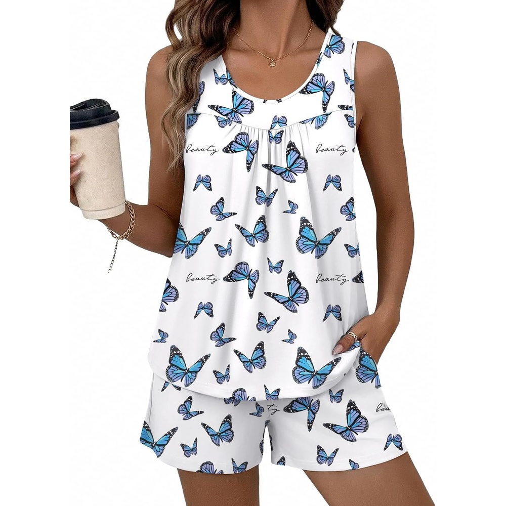 image:imageEkouaer Women Sleeveless Pajama Set Summer Tank Top Pjs 2 Piece Lounge Set  Side Pockets Cami Tank Daily Loungewear Floral Print Travel Sleepwear Ideal for Birthday GiftButterfly Beauty
