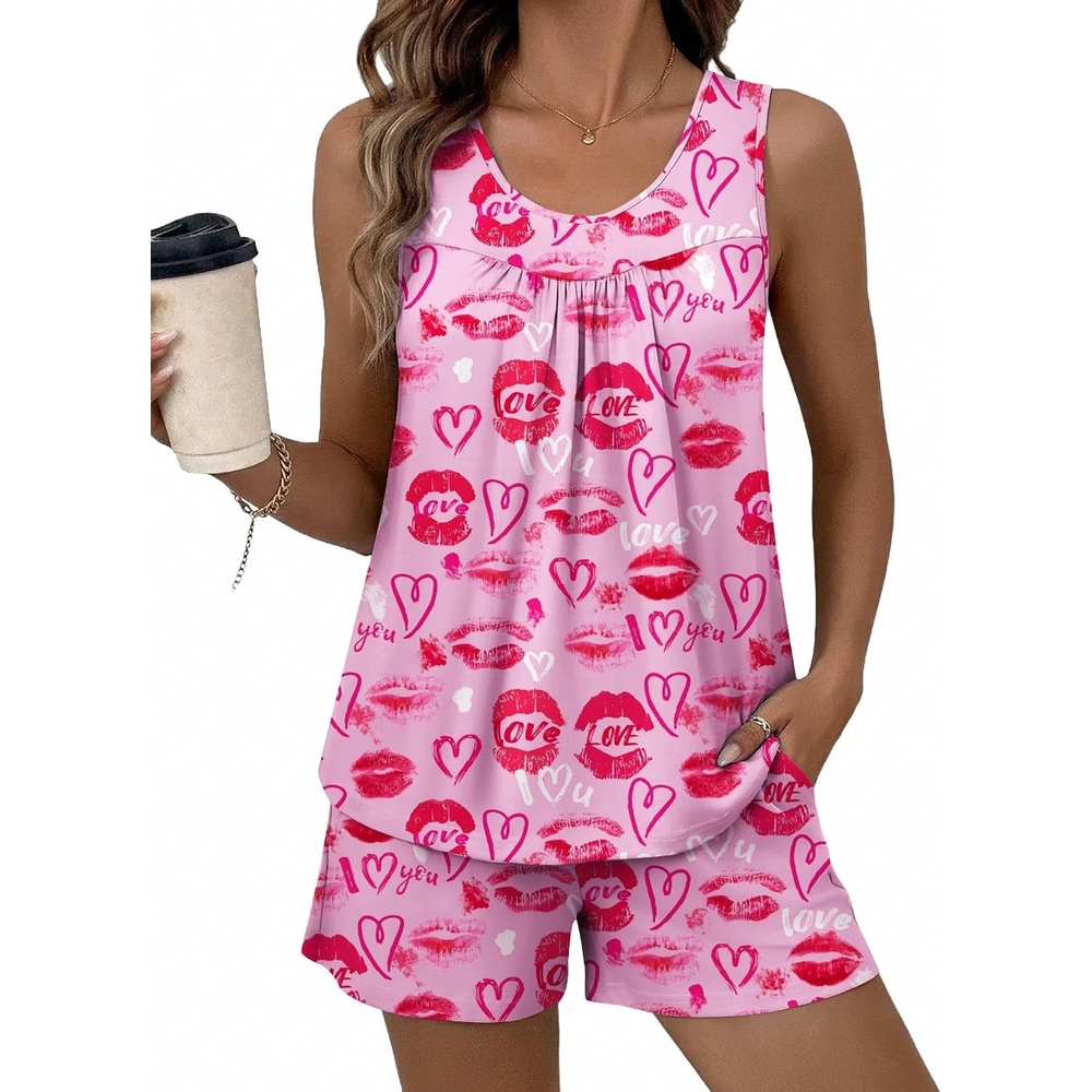 image:imageEkouaer Women Sleeveless Pajama Set Summer Tank Top Pjs 2 Piece Lounge Set  Side Pockets Cami Tank Daily Loungewear Floral Print Travel Sleepwear Ideal for Birthday GiftLip Print Heart