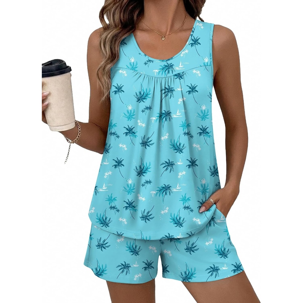 image:imageEkouaer Women Sleeveless Pajama Set Summer Tank Top Pjs 2 Piece Lounge Set Side Pockets Cami Tank Daily Loungewear Floral Print Travel Sleepwear Ideal for Birthday GiftCoconut Tree BlueGreen