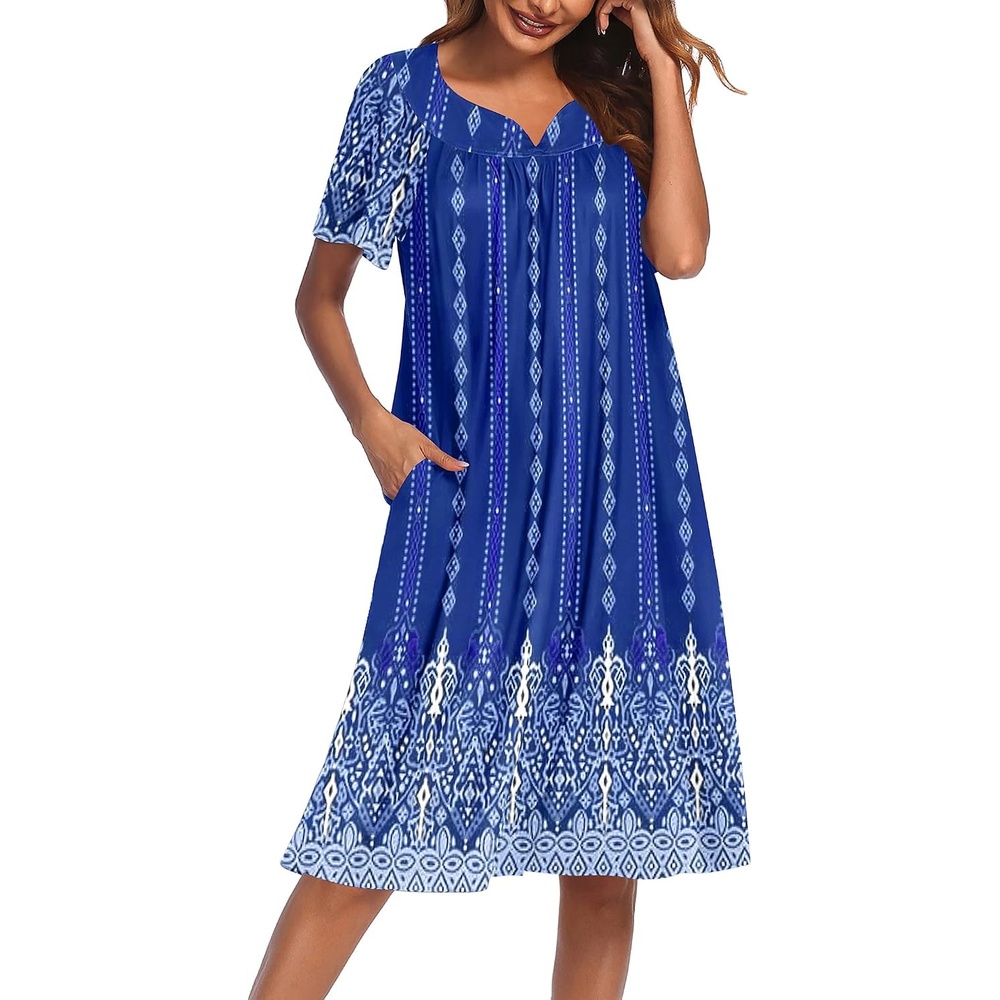 image:imageEkouaer Womens House Dress with Pockets Nightgowns for Women Short Sleeve Moo Moos Floral Night Gown for Old Lady Elderly Grandma on Mothers Day Home GardenBlue Ethnic Flower