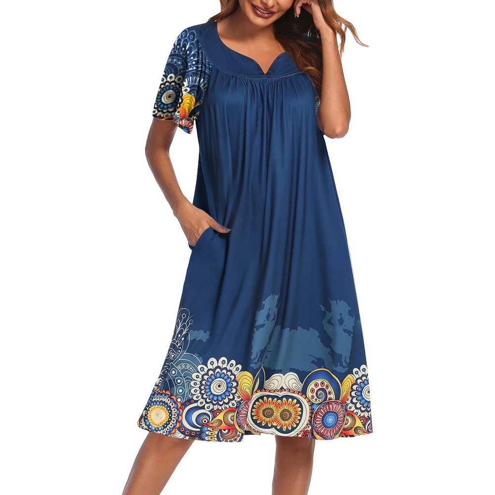 image:imageEkouaer Womens House Dress with Pockets  Nightgowns for Women Short Sleeve Moo Moos Floral Night Gown for Old Lady Elderly Grandma on Mothers Day Home GardenMandola