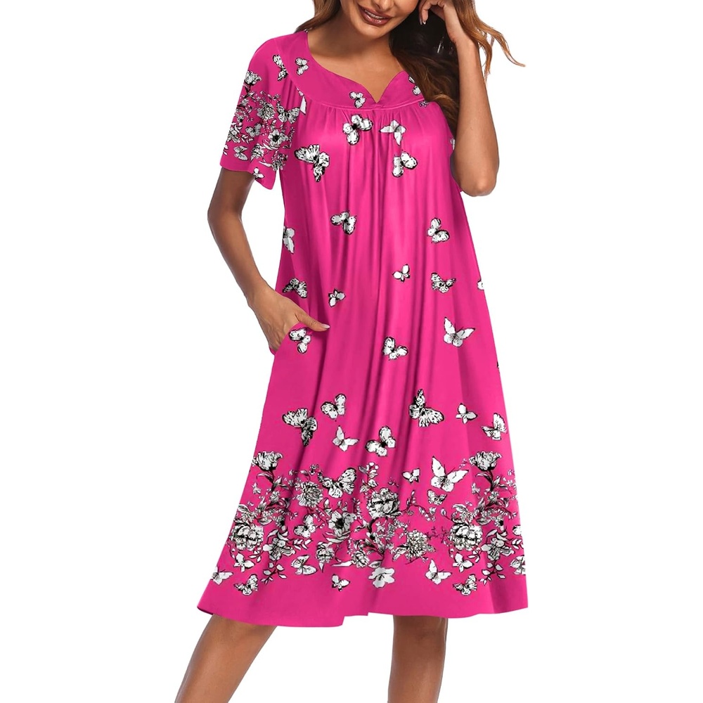 image:imageEkouaer Womens House Dress with Pockets Nightgowns for Women Short Sleeve Moo Moos Floral Night Gown for Old Lady Elderly Grandma on Mothers Day Home GardenRose Red Butterfly