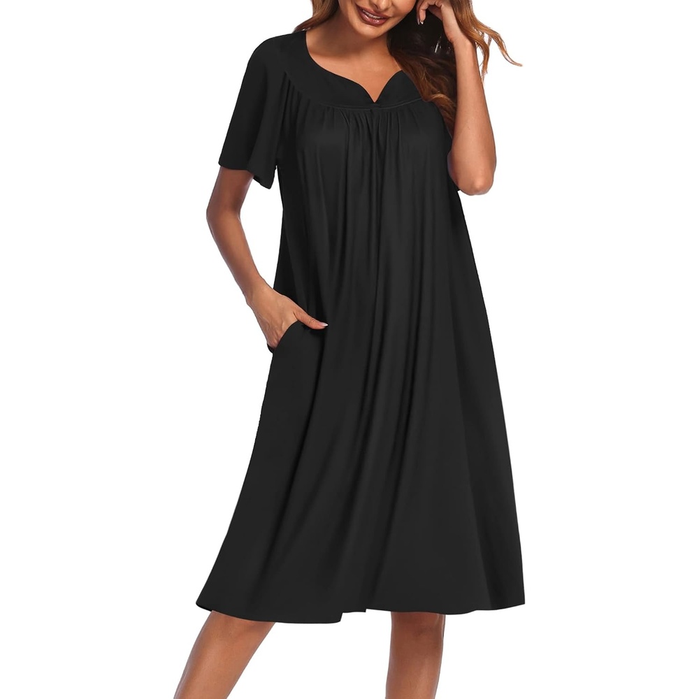 image:imageEkouaer Womens House Dress with Pockets  Nightgowns for Women Short Sleeve Moo Moos Floral Night Gown for Old Lady Elderly Grandma on Mothers Day Home GardenBlack