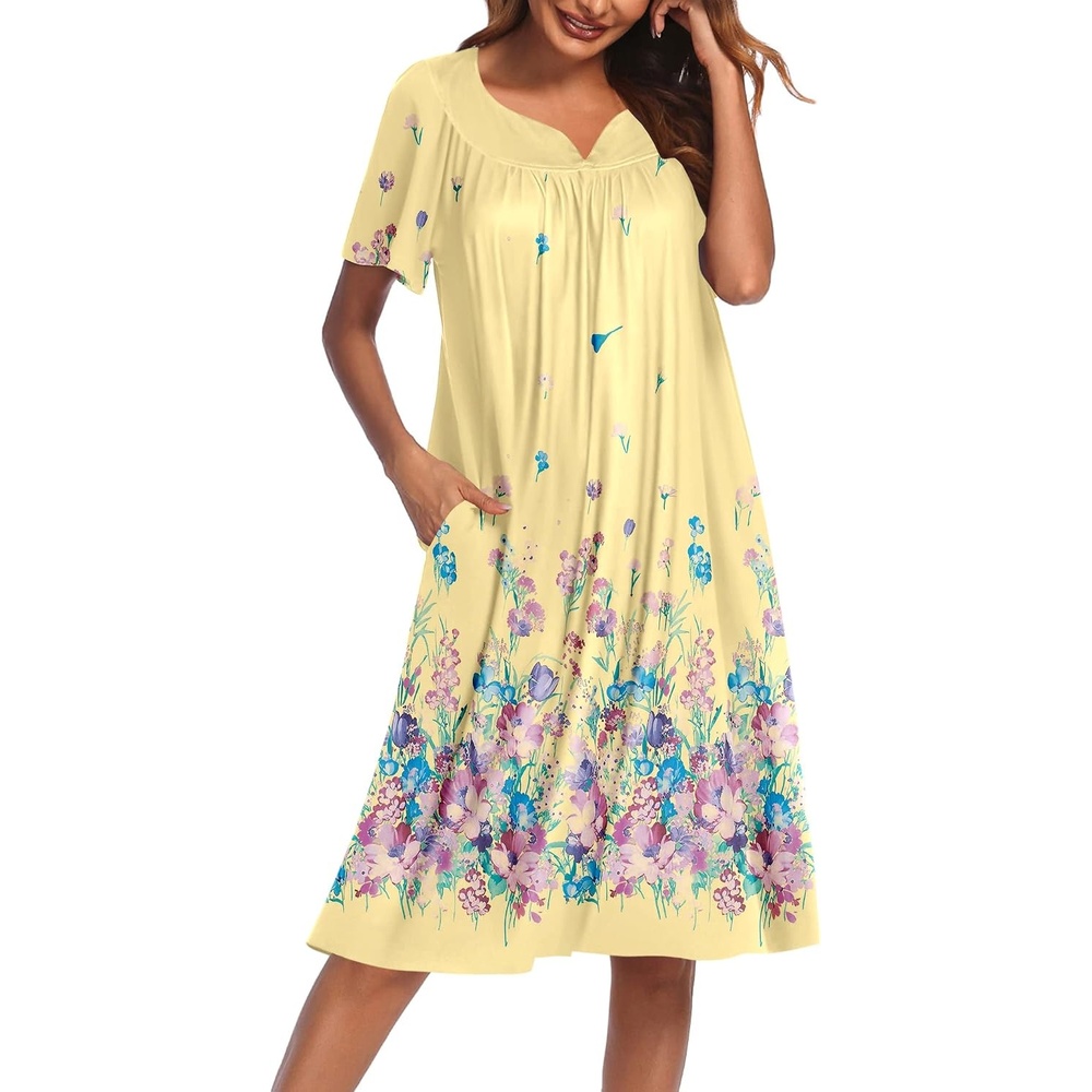 image:imageEkouaer Womens House Dress with Pockets Nightgowns for Women Short Sleeve Moo Moos Floral Night Gown for Old Lady Elderly Grandma on Mothers Day Home GardenYellow Butterfly