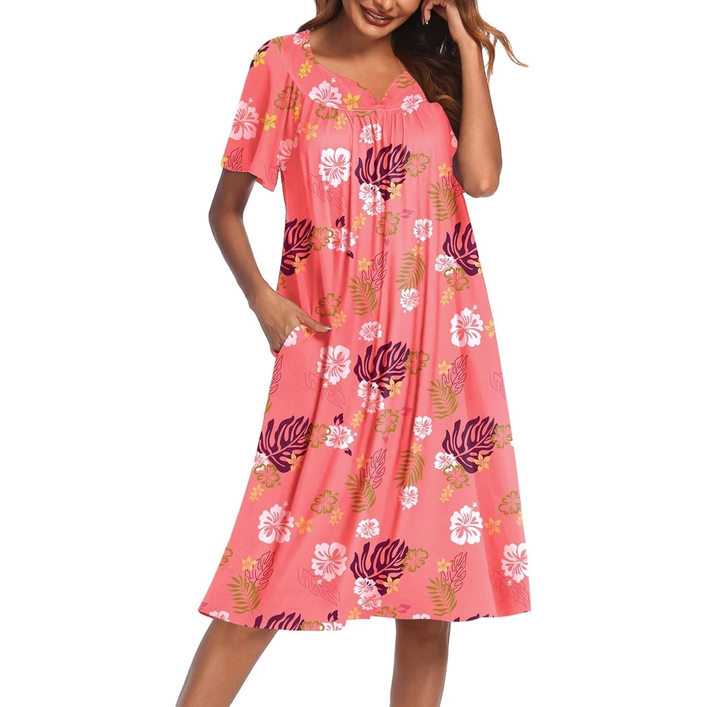 image:imageEkouaer Womens House Dress with Pockets  Nightgowns for Women Short Sleeve Moo Moos Floral Night Gown for Old Lady Elderly Grandma on Mothers Day Home GardenPink Leaf