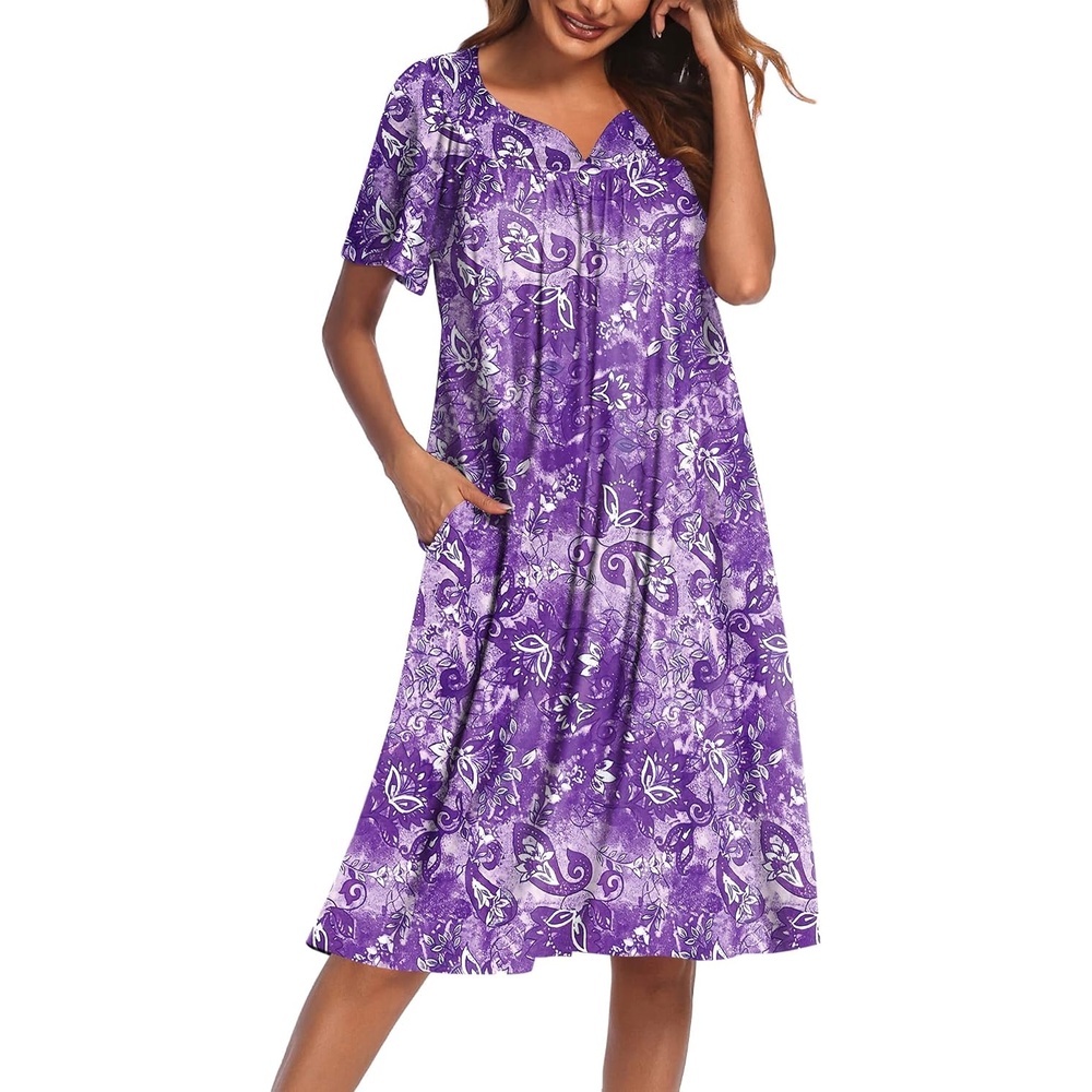 image:imageEkouaer Womens House Dress with Pockets  Nightgowns for Women Short Sleeve Moo Moos Floral Night Gown for Old Lady Elderly Grandma on Mothers Day Home GardenFloral Purple