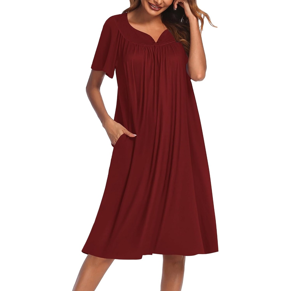 image:imageEkouaer Womens House Dress with Pockets Nightgowns for Women Short Sleeve Moo Moos Floral Night Gown for Old Lady Elderly Grandma on Mothers Day Home GardenWine Red