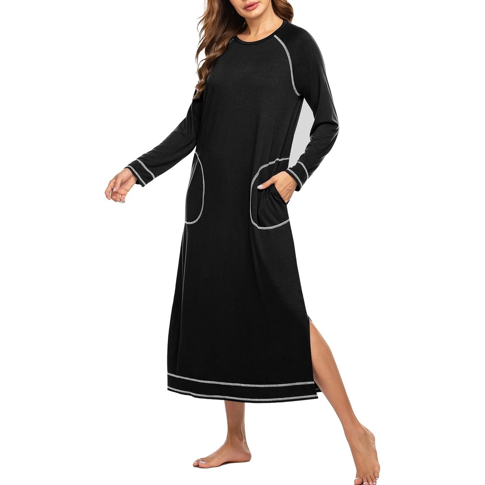 image:imageEkouaer Womens Long Sleeve Nightgown Full Length Nightshirt with Pockets  warm ankle length sleep dress winter sleepwear loose nightgown lounging dress vacation maxi long dress maternity gownAblack