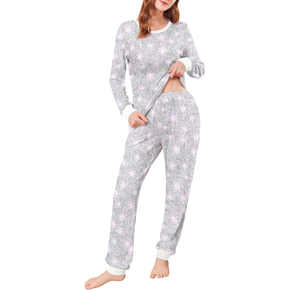 image:imageEkouaer Womens Pajamas Sets Long Sleeve Tops with Jogger Pants  TwoPiece Plaid Sleepwear Soft Pjs Fall Lounge Set Casual Outfits with Pockets Round NeckLight Grey Pink Star