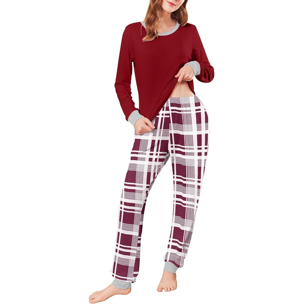 image:imageEkouaer Womens Pajamas Sets Long Sleeve Tops with Jogger Pants  TwoPiece Plaid Sleepwear Soft Pjs Fall Lounge Set Casual Outfits with Pockets Round NeckWine Red Plaid
