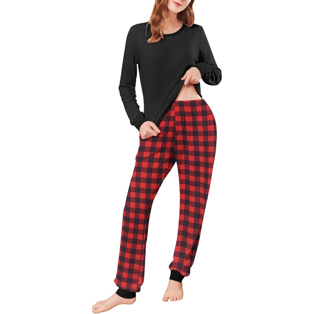 image:imageEkouaer Womens Pajamas Sets Long Sleeve Tops with Jogger Pants  TwoPiece Plaid Sleepwear Soft Pjs Fall Lounge Set Casual Outfits with Pockets Round NeckBlack Red Plaid2
