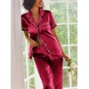 Ekouaer 2 Piece Satin Short Sleeve Pajamas Set Button Down Sleepwear | Soft Pjs Set Classic Loungewear for Wedding, Party, Home, Daily Wear, Date Nights(Wine Red)