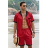 Ekouaer Men Silk Pajamas Set 2 Pieces Satin Pj Button Down Loungewear Sets | Shirt and Shorts,Sleepwear,Drawstring,Pockets,Short Sleeve,Matching Set,Breathable,Soft,Men’s Gift for Birthday,Summer,Fall(01 Red)