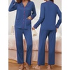 Ekouaer Pajamas For Women Set Button Down Sleepwear Long Pj Pant Lounge Set | 2 Pieces,Long Sleeve,Patch Pocket,Elastic Waistband,Soft,Breathable,Lightweight,Fall and Winter(Navy)