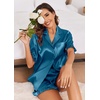 Ekouaer Satin Pajama Set for Women 2 Piece Pj Sets Short Sleeve Sleepwear | Super Soft Silky Summer Loungewear Set with Ruffle Short Sleeve Top and Pocket Shorts, Casual Travel Daily Gift(Dark Blue)