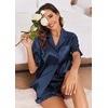Ekouaer Satin Pajama Set for Women 2 Piece Pj Sets Short Sleeve Sleepwear | Super Soft Silky Summer Loungewear Set with Ruffle Short Sleeve Top and Pocket Shorts, Casual Travel Daily Gift(Navy Blue)