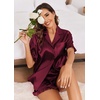 Ekouaer Satin Pajama Set for Women 2 Piece Pj Sets Short Sleeve Sleepwear | Super Soft Silky Summer Loungewear Set with Ruffle Short Sleeve Top and Pocket Shorts, Casual Travel Daily Gift(Red)